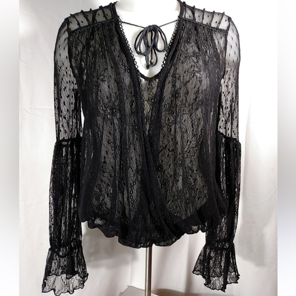 Free People Long sleeve semi sheer black lace blouse w ruffles at wrist - Picture 3 of 9